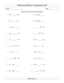 Unknown Blanks in Equations - Subtraction - Range 1 to 9 - Any Position