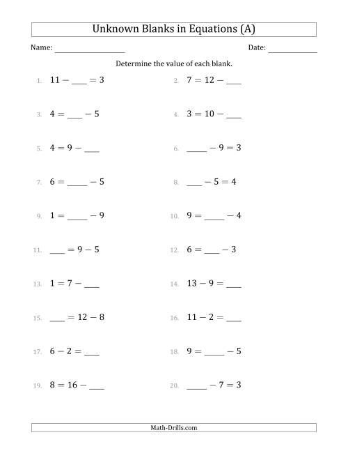 The Unknown Blanks in Equations - Subtraction - Range 1 to 9 - Any Position (A) Math Worksheet