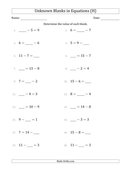 The Unknown Blanks in Equations - Subtraction - Range 1 to 9 - Any Position (H) Math Worksheet