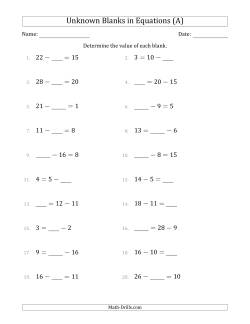 Unknown Blanks in Equations - Subtraction - Range 1 to 20 - Any Position