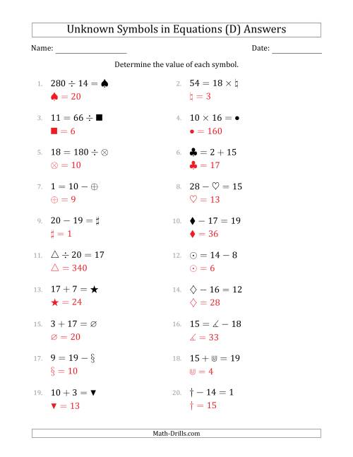The Unknown Symbols in Equations - All Operations - Range 1 to 20 - Any Position (D) Math Worksheet Page 2