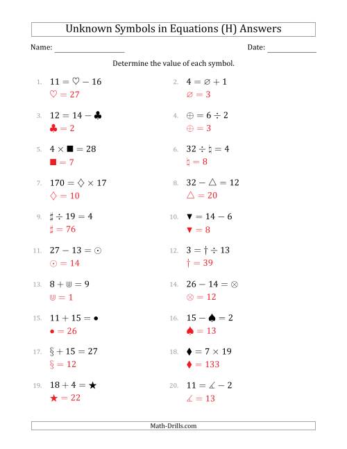 The Unknown Symbols in Equations - All Operations - Range 1 to 20 - Any Position (H) Math Worksheet Page 2