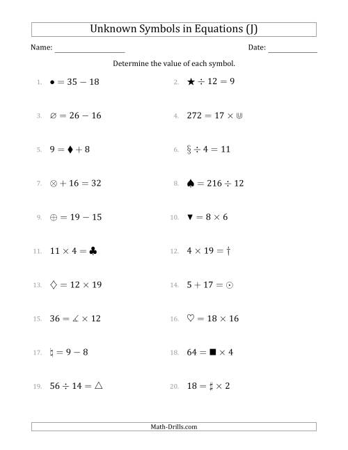 The Unknown Symbols in Equations - All Operations - Range 1 to 20 - Any Position (J) Math Worksheet