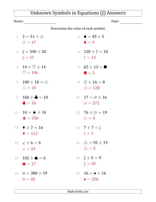 The Unknown Symbols in Equations - Division - Range 1 to 20 - Any Position (J) Math Worksheet Page 2
