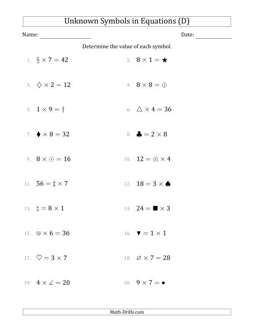 The Unknown Symbols in Equations - Multiplication - Range 1 to 9 - Any Position (D) Math Worksheet