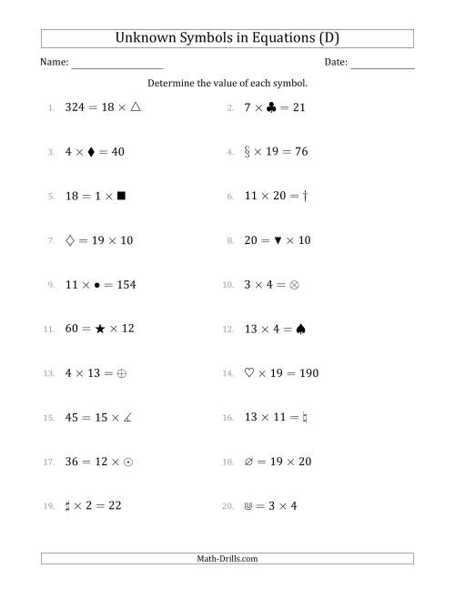The Unknown Symbols in Equations - Multiplication - Range 1 to 20 - Any Position (D) Math Worksheet