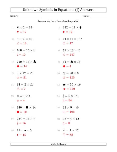 The Unknown Symbols in Equations - Multiplication - Range 1 to 20 - Any Position (J) Math Worksheet Page 2