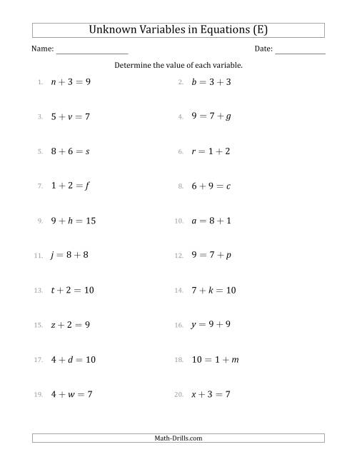 Unknown Variables In Equations Addition Range 1 To 9 Any Position E 