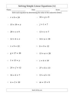 Solving Simple Linear Equations with Letters as Unknowns (Addition Only; Range 1 to 20; Unknowns in Any Position)