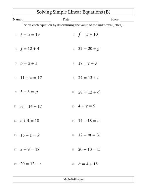 The Solving Simple Linear Equations with Letters as Unknowns (Addition Only; Range 1 to 20; Unknowns in Any Position) (B) Math Worksheet