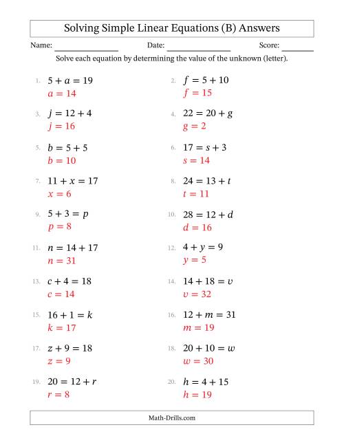 The Solving Simple Linear Equations with Letters as Unknowns (Addition Only; Range 1 to 20; Unknowns in Any Position) (B) Math Worksheet Page 2