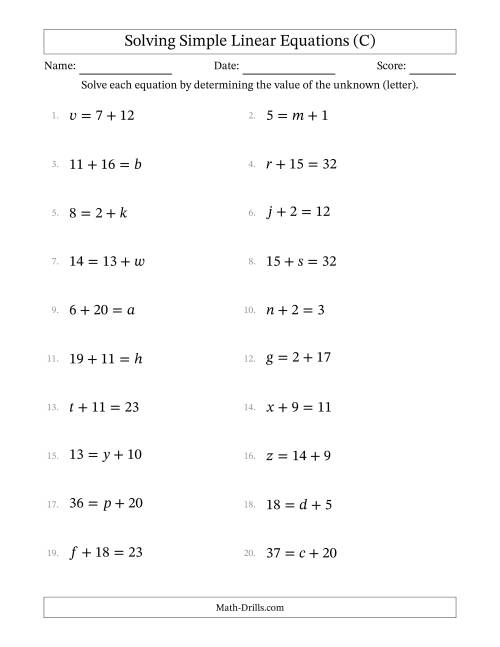 The Solving Simple Linear Equations with Letters as Unknowns (Addition Only; Range 1 to 20; Unknowns in Any Position) (C) Math Worksheet