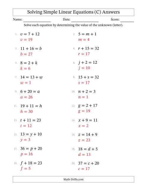 The Solving Simple Linear Equations with Letters as Unknowns (Addition Only; Range 1 to 20; Unknowns in Any Position) (C) Math Worksheet Page 2