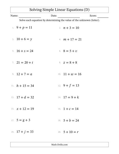 The Solving Simple Linear Equations with Letters as Unknowns (Addition Only; Range 1 to 20; Unknowns in Any Position) (D) Math Worksheet