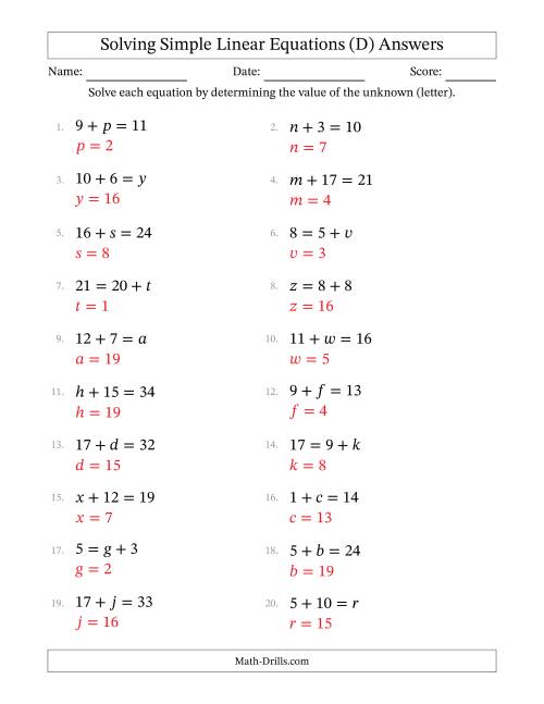 The Solving Simple Linear Equations with Letters as Unknowns (Addition Only; Range 1 to 20; Unknowns in Any Position) (D) Math Worksheet Page 2