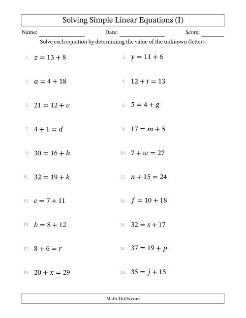 The Solving Simple Linear Equations with Letters as Unknowns (Addition Only; Range 1 to 20; Unknowns in Any Position) (I) Math Worksheet