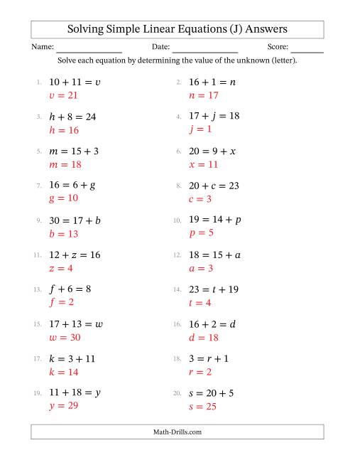 The Solving Simple Linear Equations with Letters as Unknowns (Addition Only; Range 1 to 20; Unknowns in Any Position) (J) Math Worksheet Page 2