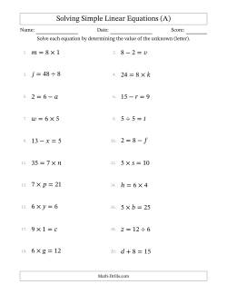 Solving Simple Linear Equations with Letters as Unknowns (All Operations; Range 1 to 9; Unknowns in Any Position)