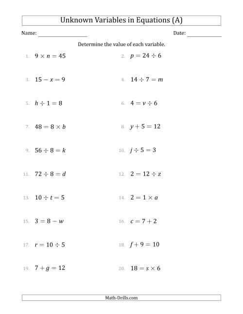 The Unknown Variables in Equations - All Operations - Range 1 to 9 - Any Position (A) Math Worksheet