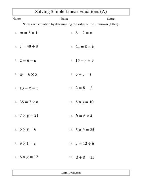 The Solving Simple Linear Equations with Letters as Unknowns (All Operations; Range 1 to 9; Unknowns in Any Position) (A) Math Worksheet