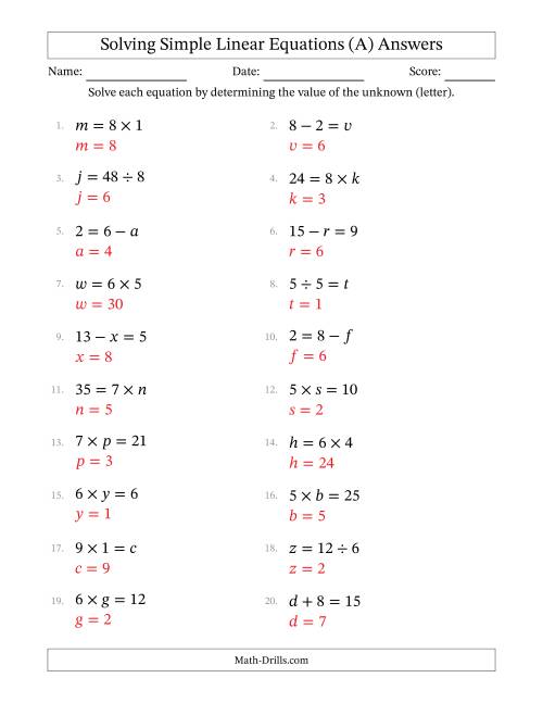 The Solving Simple Linear Equations with Letters as Unknowns (All Operations; Range 1 to 9; Unknowns in Any Position) (A) Math Worksheet Page 2