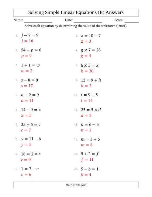 The Solving Simple Linear Equations with Letters as Unknowns (All Operations; Range 1 to 9; Unknowns in Any Position) (B) Math Worksheet Page 2