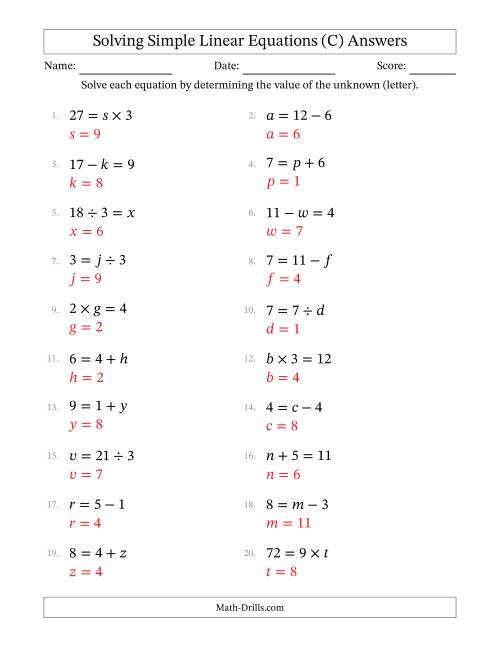 The Solving Simple Linear Equations with Letters as Unknowns (All Operations; Range 1 to 9; Unknowns in Any Position) (C) Math Worksheet Page 2