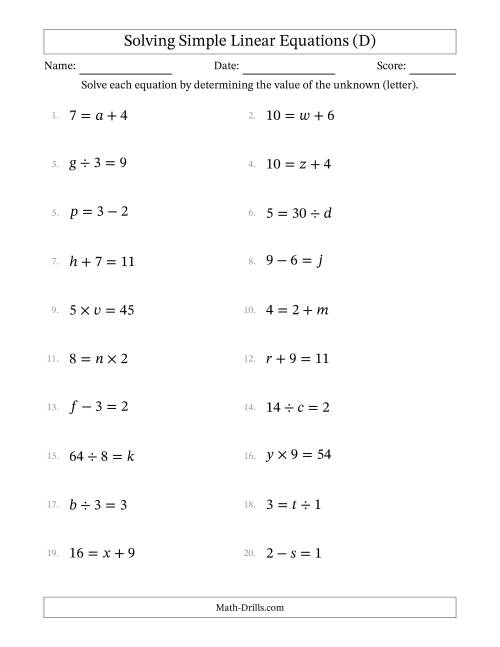 The Solving Simple Linear Equations with Letters as Unknowns (All Operations; Range 1 to 9; Unknowns in Any Position) (D) Math Worksheet