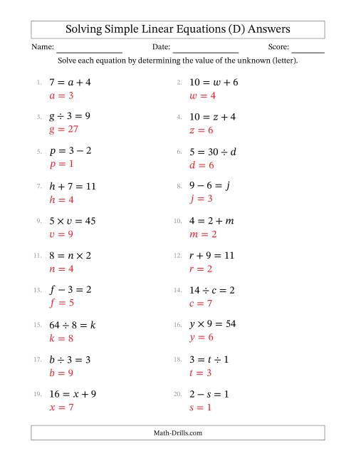 The Solving Simple Linear Equations with Letters as Unknowns (All Operations; Range 1 to 9; Unknowns in Any Position) (D) Math Worksheet Page 2