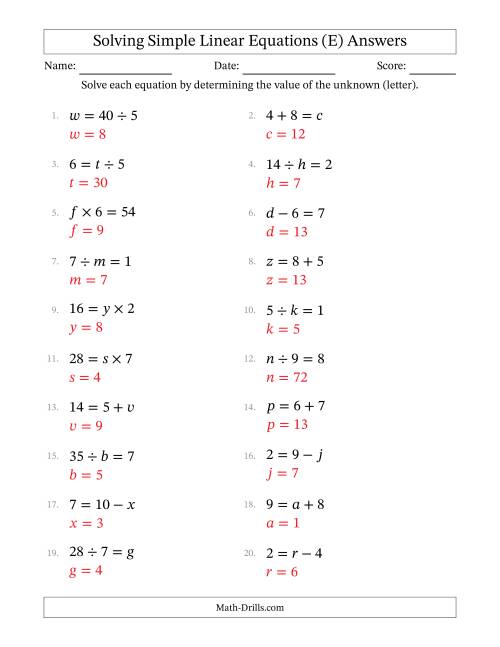 The Solving Simple Linear Equations with Letters as Unknowns (All Operations; Range 1 to 9; Unknowns in Any Position) (E) Math Worksheet Page 2