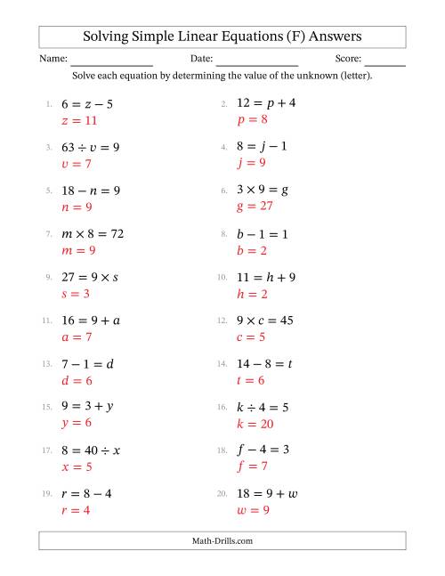 The Solving Simple Linear Equations with Letters as Unknowns (All Operations; Range 1 to 9; Unknowns in Any Position) (F) Math Worksheet Page 2