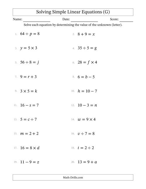 The Solving Simple Linear Equations with Letters as Unknowns (All Operations; Range 1 to 9; Unknowns in Any Position) (G) Math Worksheet