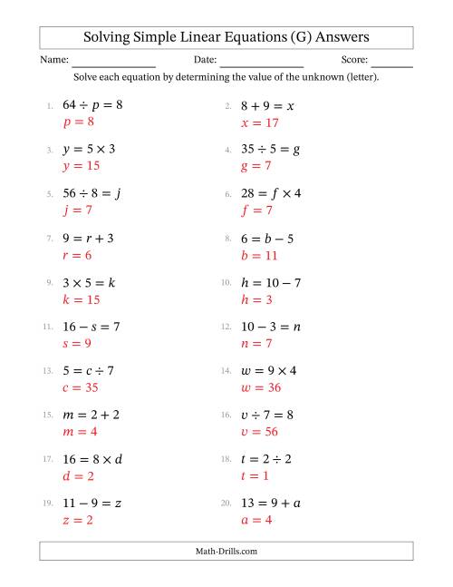 The Solving Simple Linear Equations with Letters as Unknowns (All Operations; Range 1 to 9; Unknowns in Any Position) (G) Math Worksheet Page 2