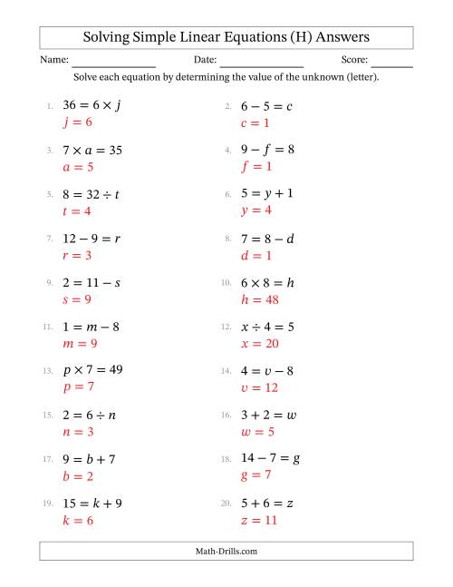 The Solving Simple Linear Equations with Letters as Unknowns (All Operations; Range 1 to 9; Unknowns in Any Position) (H) Math Worksheet Page 2