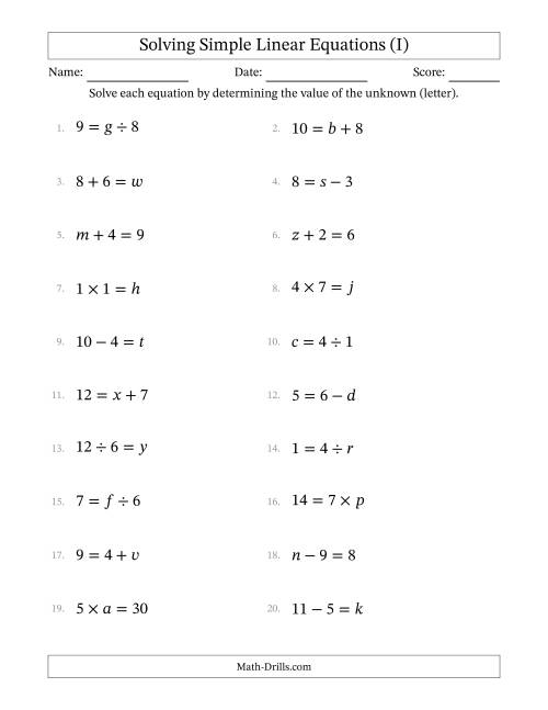 The Solving Simple Linear Equations with Letters as Unknowns (All Operations; Range 1 to 9; Unknowns in Any Position) (I) Math Worksheet