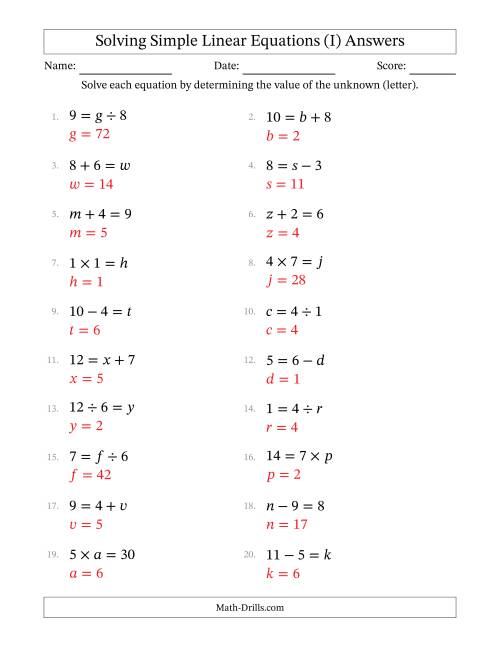 The Solving Simple Linear Equations with Letters as Unknowns (All Operations; Range 1 to 9; Unknowns in Any Position) (I) Math Worksheet Page 2