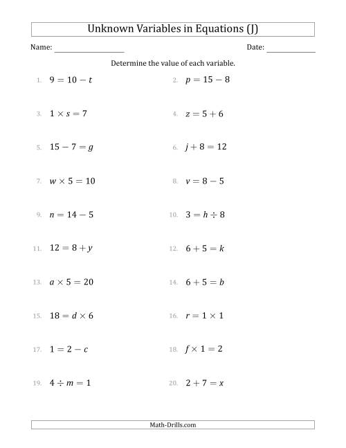 The Unknown Variables in Equations - All Operations - Range 1 to 9 - Any Position (J) Math Worksheet