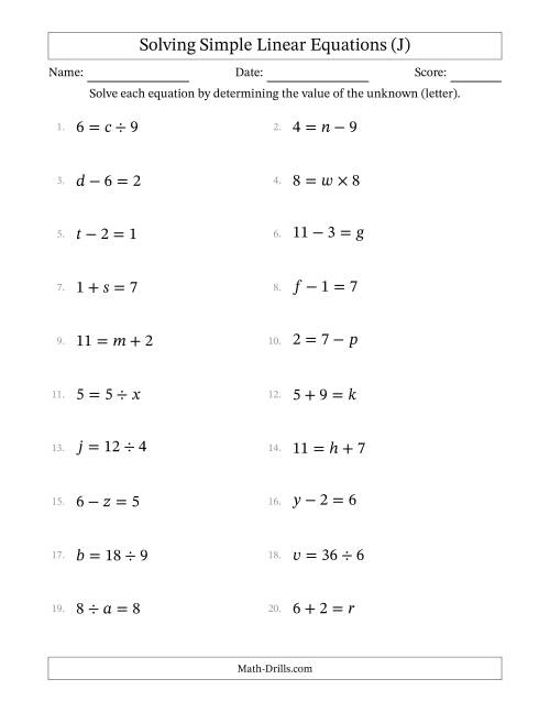 The Solving Simple Linear Equations with Letters as Unknowns (All Operations; Range 1 to 9; Unknowns in Any Position) (J) Math Worksheet