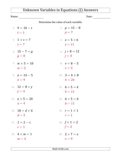 The Unknown Variables in Equations - All Operations - Range 1 to 9 - Any Position (J) Math Worksheet Page 2