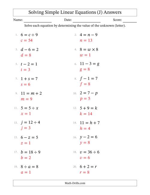 The Solving Simple Linear Equations with Letters as Unknowns (All Operations; Range 1 to 9; Unknowns in Any Position) (J) Math Worksheet Page 2