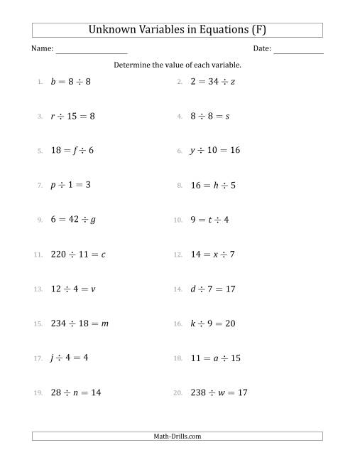 The Unknown Variables in Equations - Division - Range 1 to 20 - Any Position (F) Math Worksheet