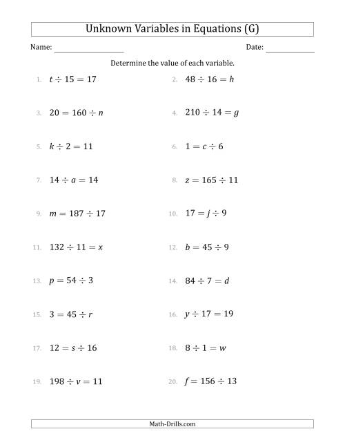 The Unknown Variables in Equations - Division - Range 1 to 20 - Any Position (G) Math Worksheet