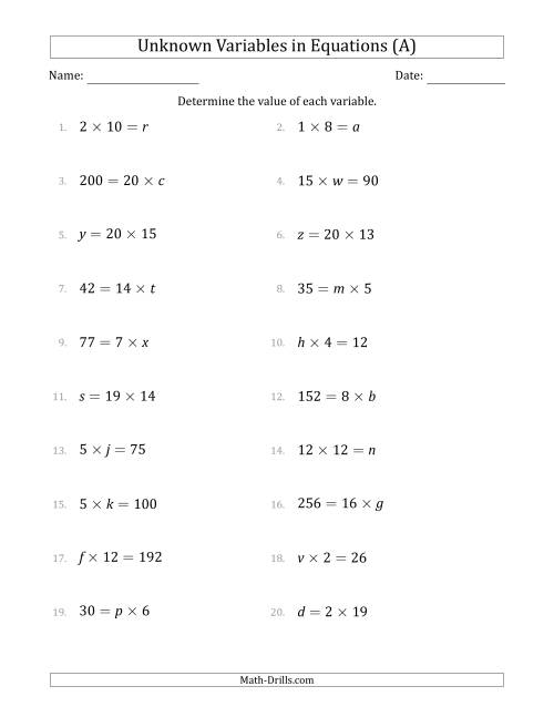 Find The Unknown Number Multiplication Worksheets