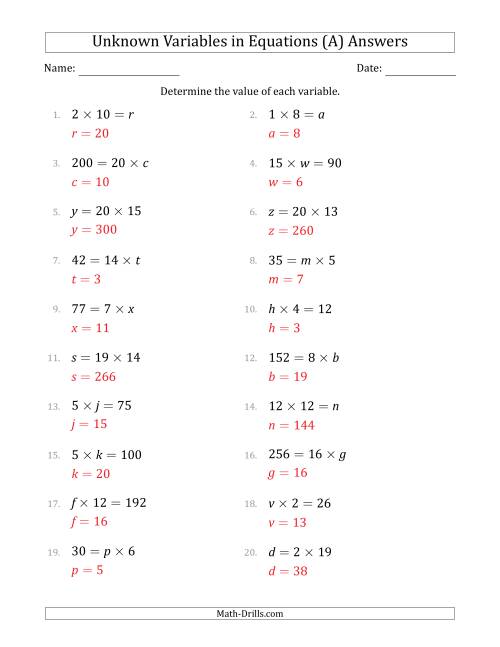 unknown variables in equations multiplication range 1 to 20 any