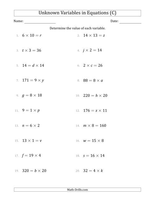 Unknown Variables in Equations - Multiplication - Range 1 to 20 - Any ...
