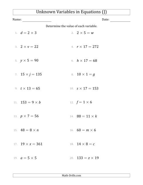 The Unknown Variables in Equations - Multiplication - Range 1 to 20 - Any Position (J) Math Worksheet
