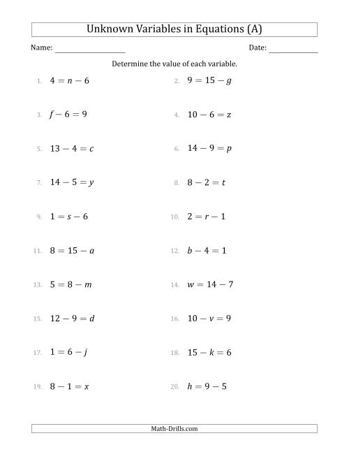 The Unknown Variables in Equations - Subtraction - Range 1 to 9 - Any Position (All) Math Worksheet
