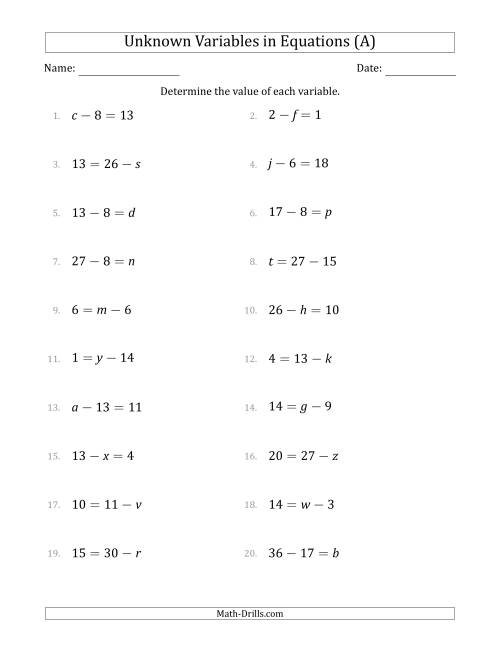 Unknown Variables In Equations Subtraction Range 1 To 20 Any Position A 
