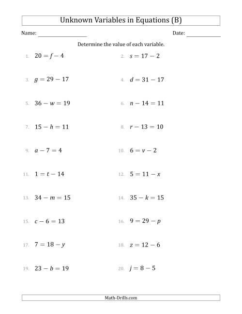 The Unknown Variables in Equations - Subtraction - Range 1 to 20 - Any Position (B) Math Worksheet