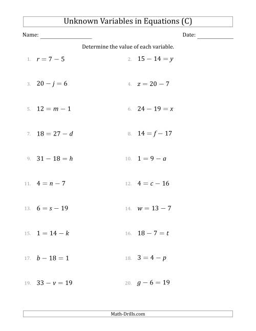 The Unknown Variables in Equations - Subtraction - Range 1 to 20 - Any Position (C) Math Worksheet